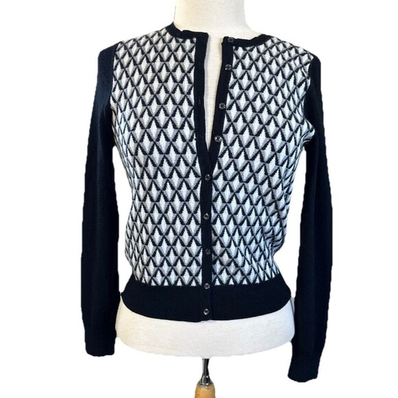 Lord & Taylor Petite M Cardigan Women's Geometric Pure Merino Wool Black White - Picture 1 of 9
